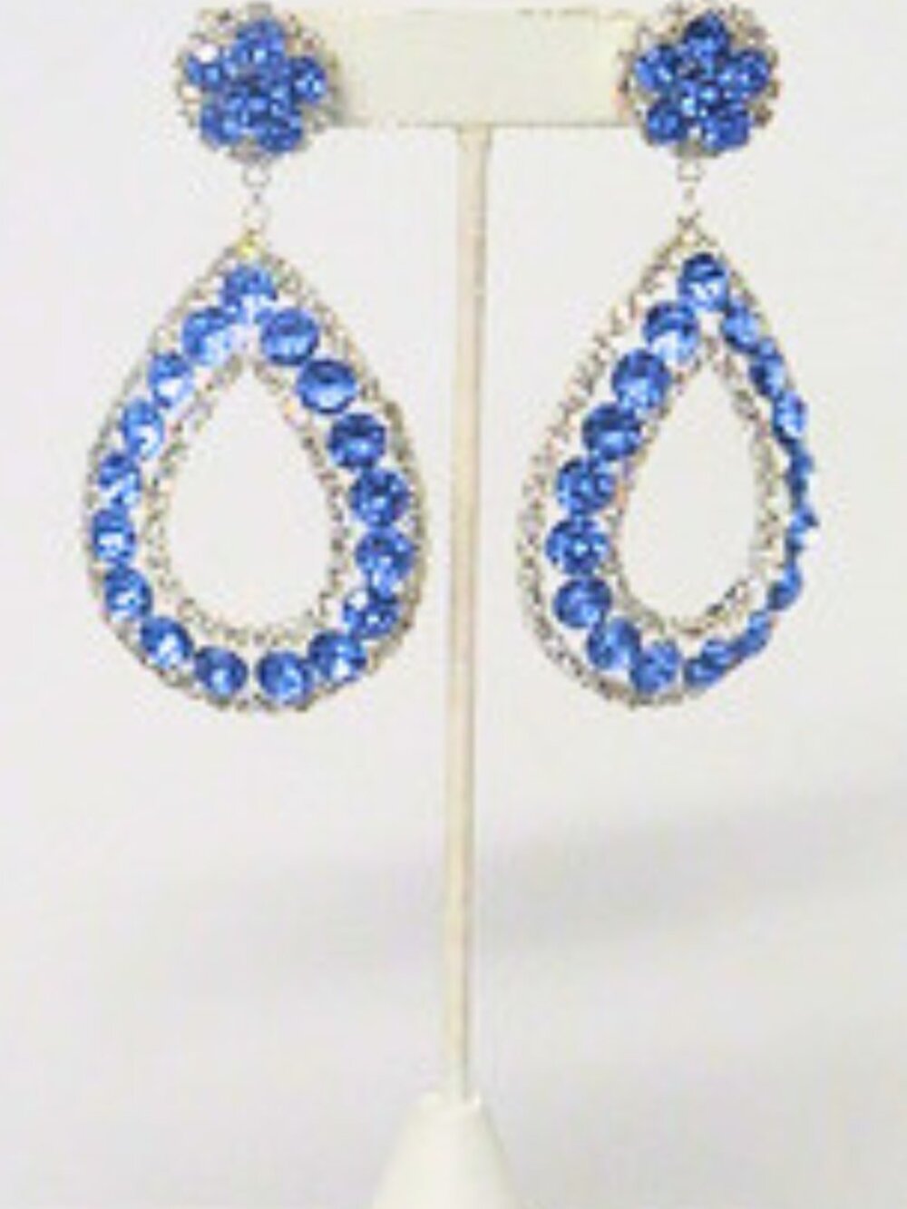 Estate Blue Rhinestone Teardrop Statement Earrings Oversized Party Jewelry - Picture 2 of 6